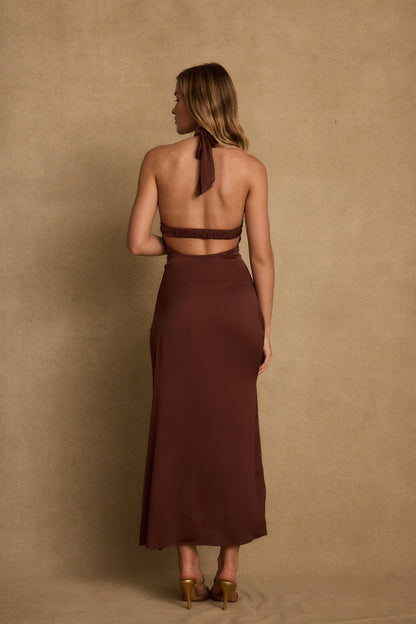 Vanessa Kahve Saten Midi Elbise