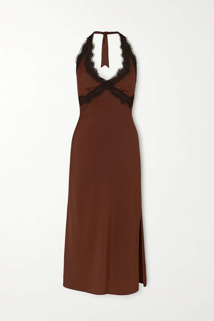 Vanessa Kahve Saten Midi Elbise