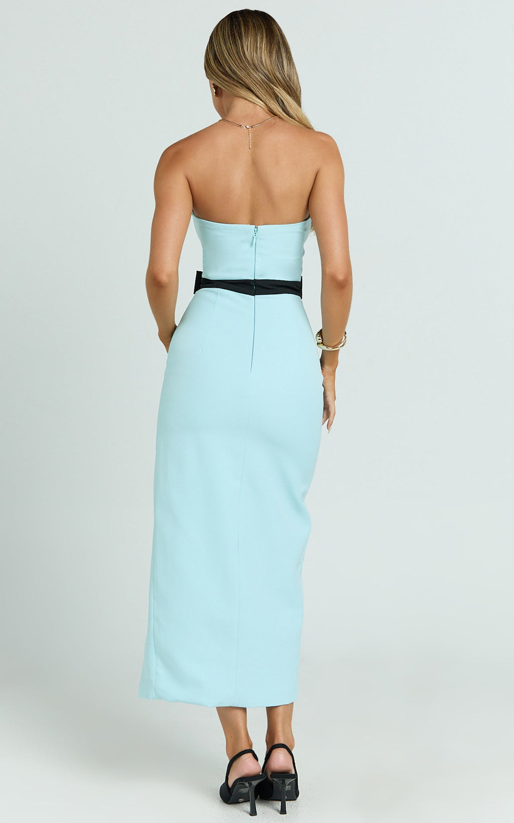 Veronica Midi Elbise - Mavi & Siyah Kalp Yaka Straplez Fiyonk Detaylı Yüksek Yırtmaçlı Elbise