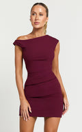 Vilma Mini Elbise - Bordo Tek Omuz Bodycon Elbise