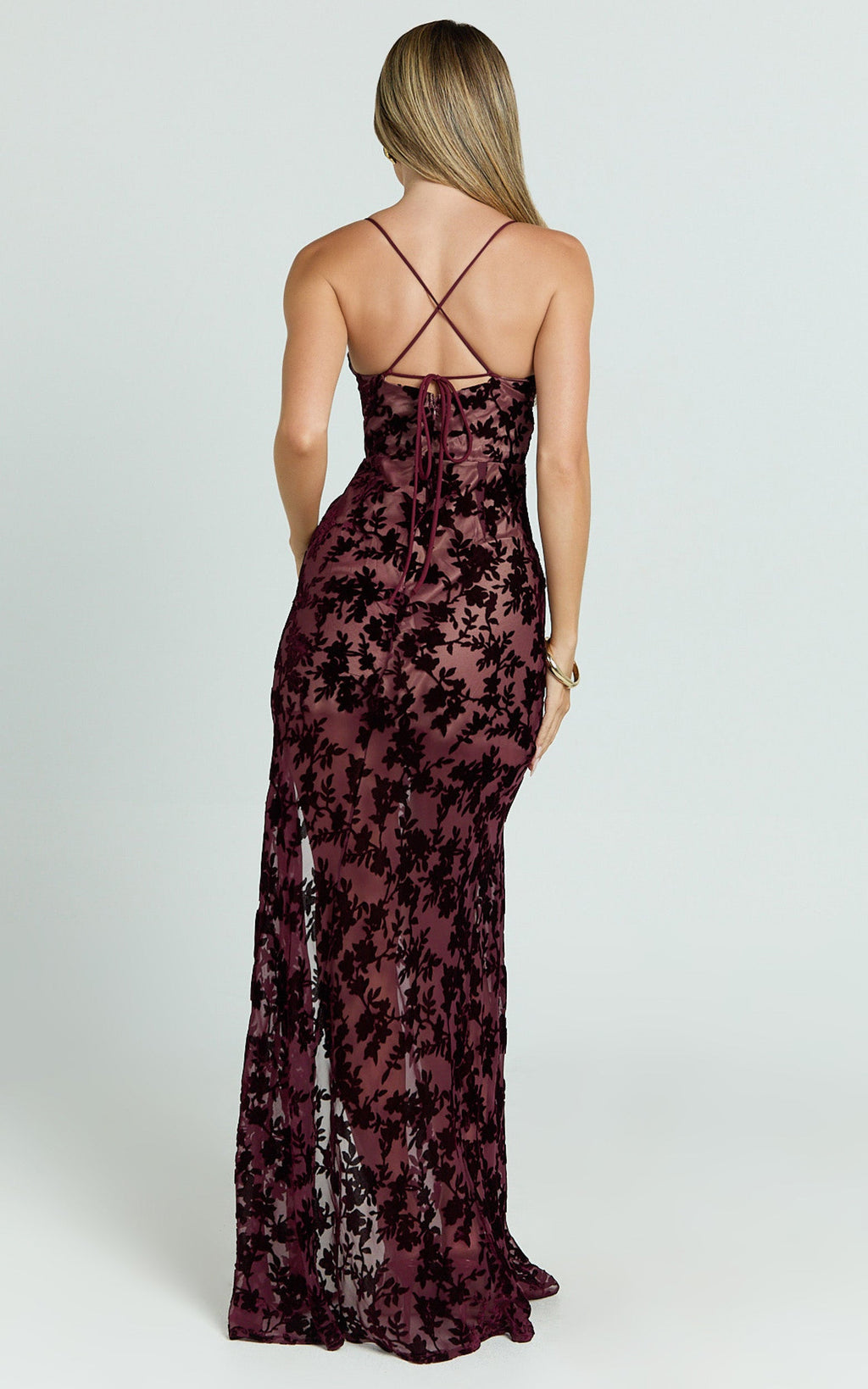 Violeta Maxi Elbise - Bordo Korsaj Ön Detaylı Desenli Elbise