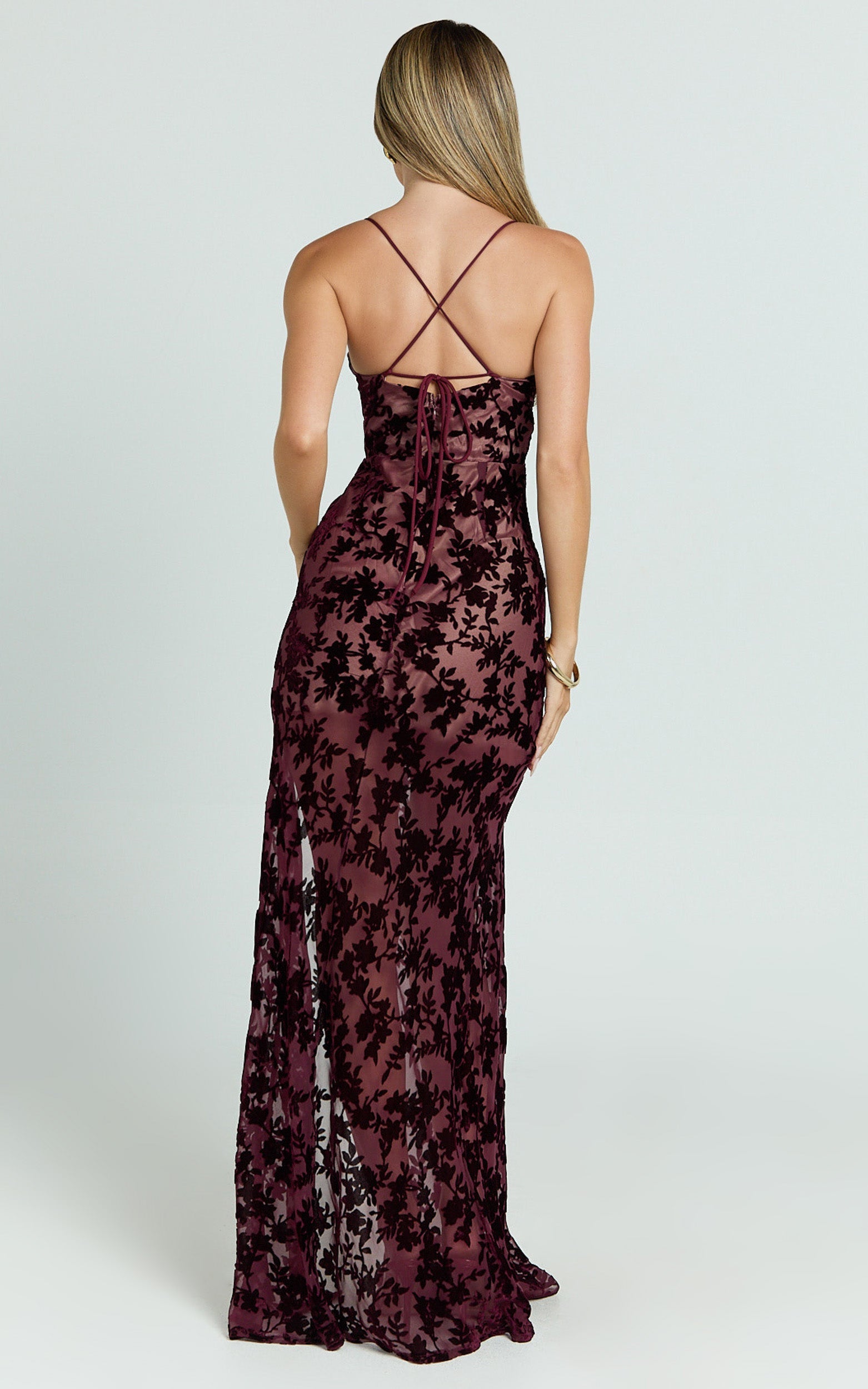 Violeta Maxi Elbise - Bordo Korsaj Ön Detaylı Desenli Elbise