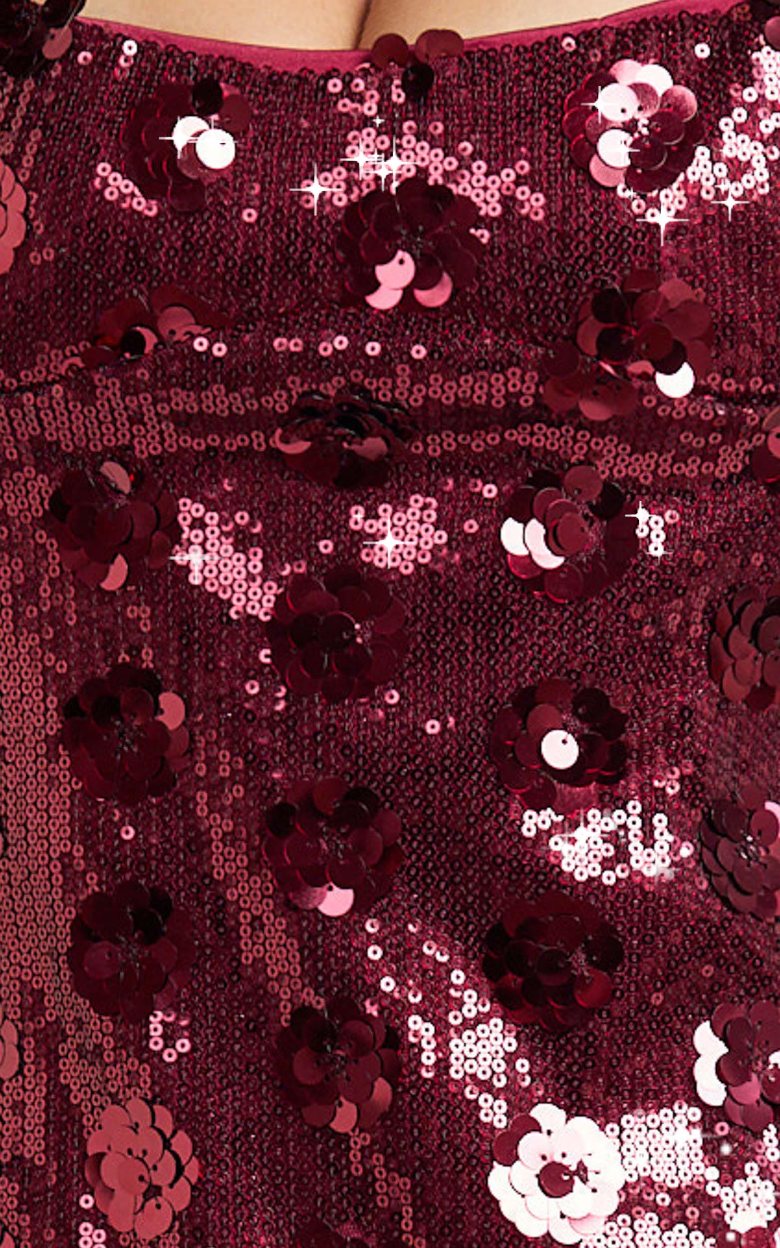 Vivienne Mini Elbise - Bordo Düz Yaka Payetli Elbise