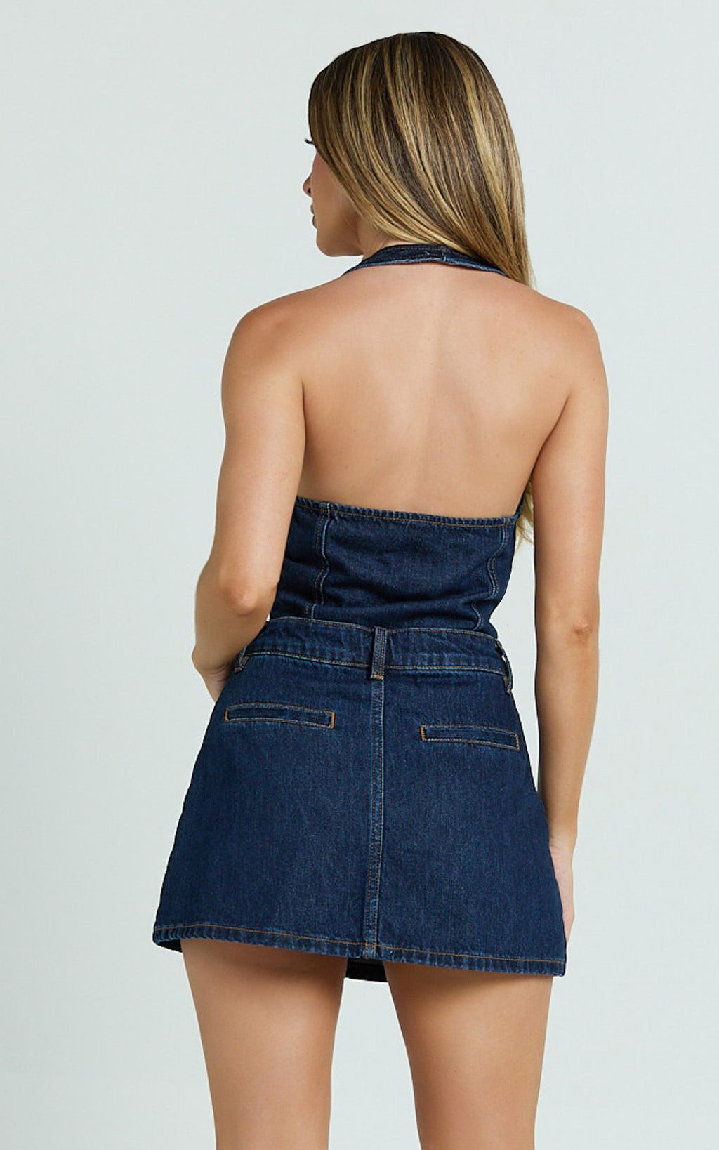 Walton Yelek - İndigo Yıkamalı Boyundan Bağlamalı Düğmeli Kısa Geri Dönüştürülmüş Denim Yelek