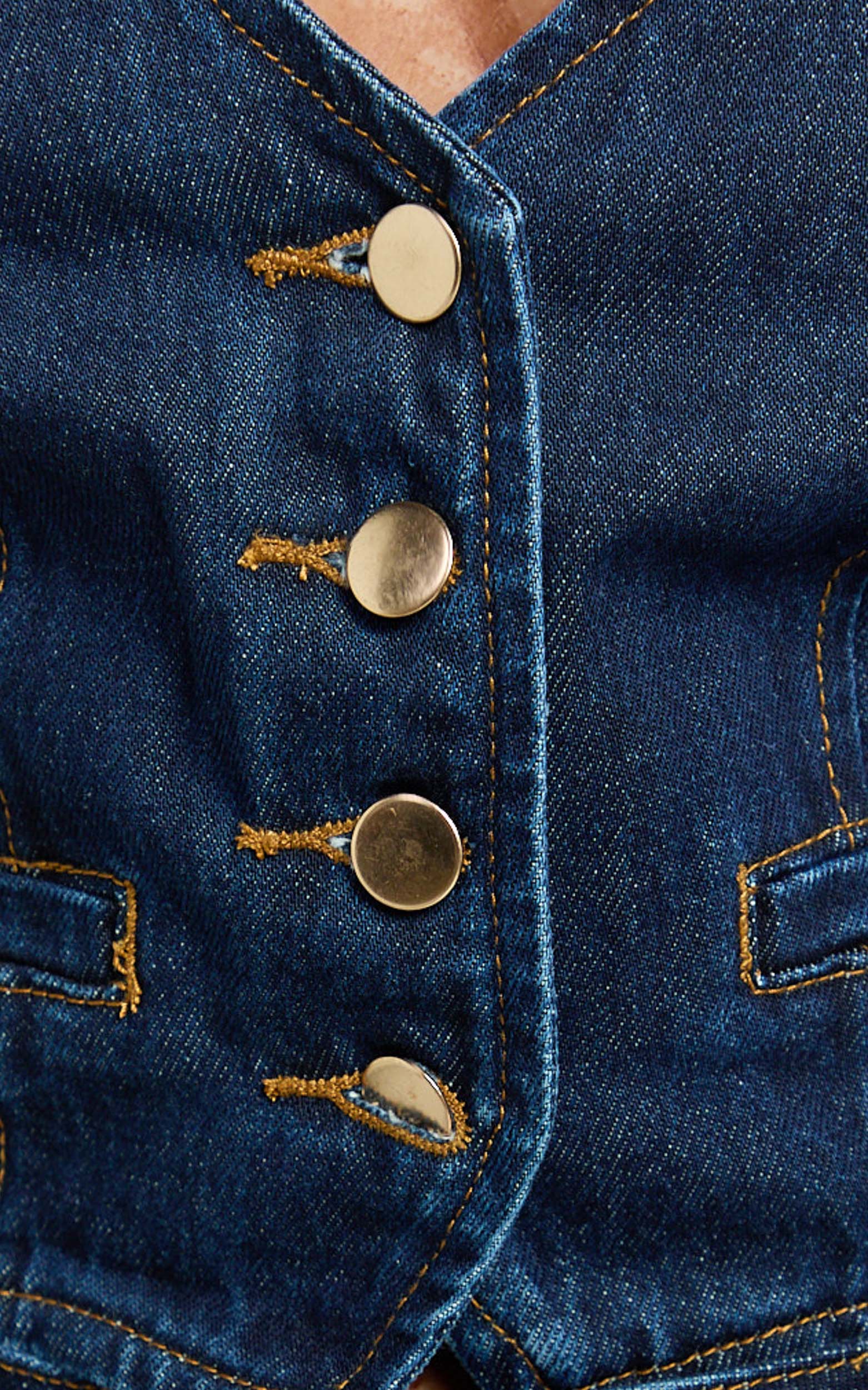Walton Yelek - İndigo Yıkamalı Boyundan Bağlamalı Düğmeli Kısa Geri Dönüştürülmüş Denim Yelek