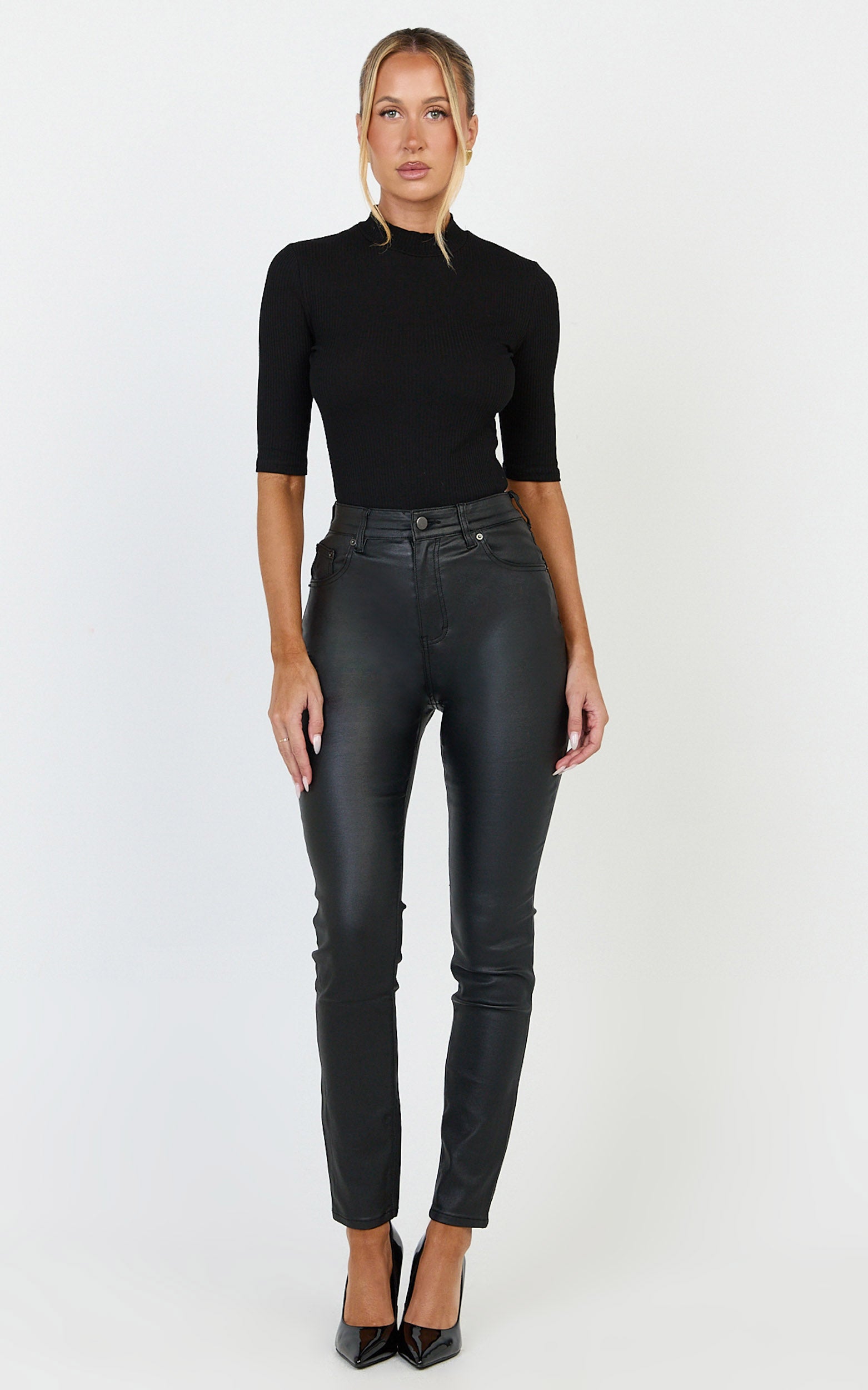 Whinnie Jean - Siyah Yüksek Bel Dar Kesim Kaplamalı Denim Jean