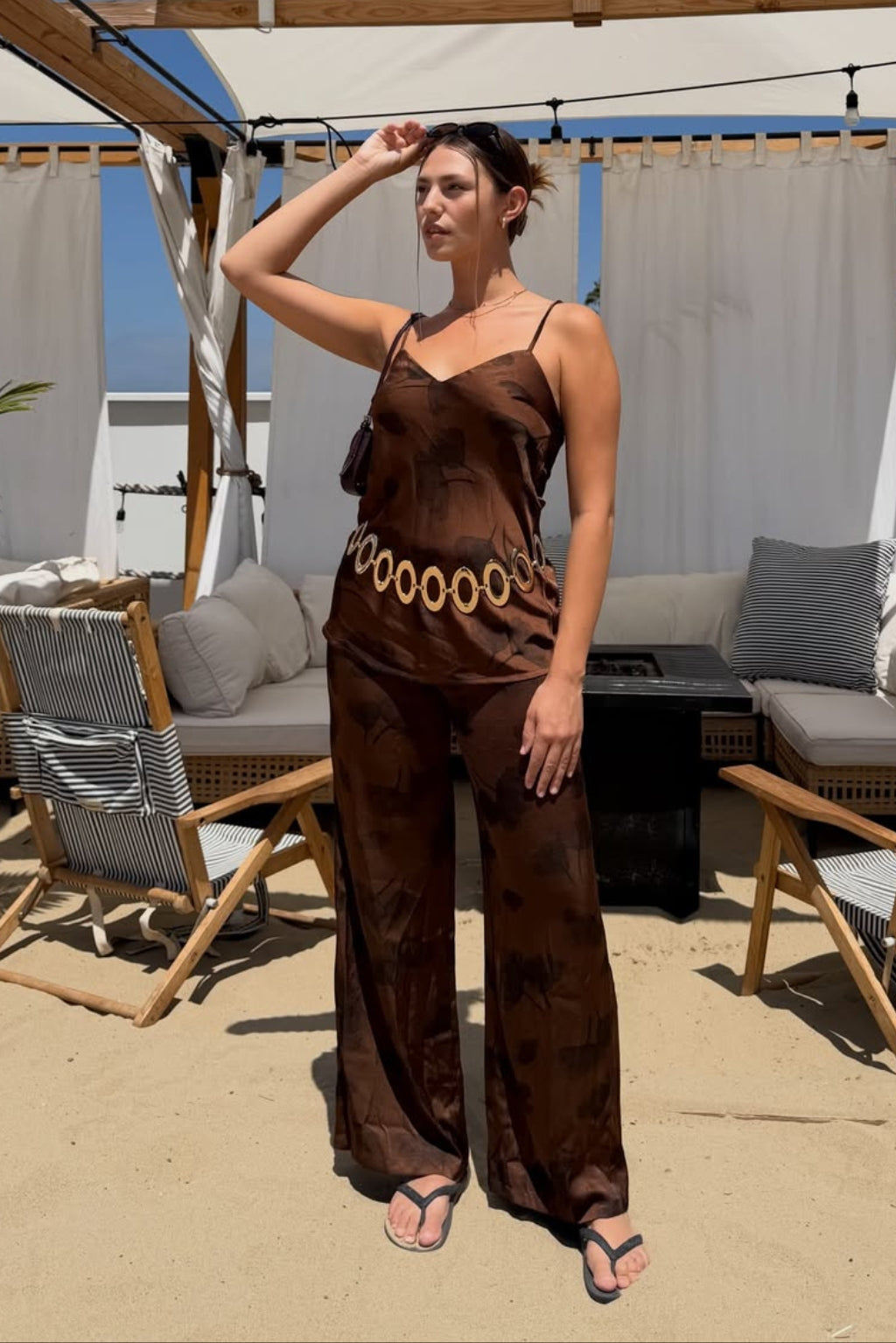 Yasmine Espresso Kahve Çiçekli Saten Pantolon