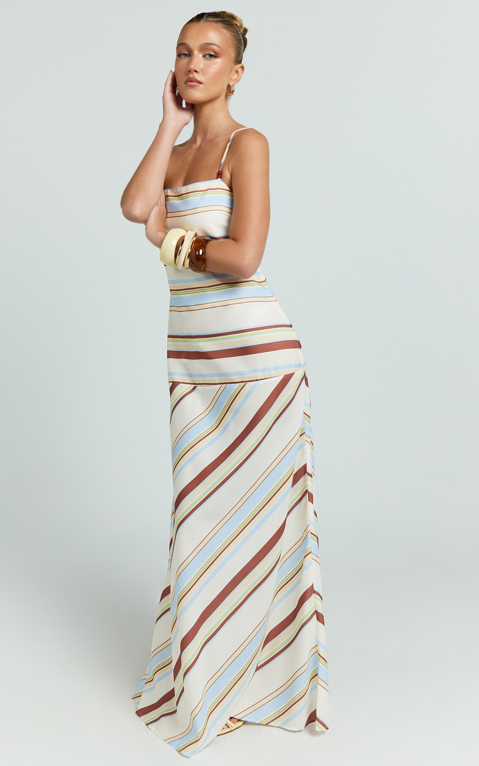 Yurika Maxi Elbise - Kare Yaka Çizgili Slip Elbise - Çikolata Retro Çizgili