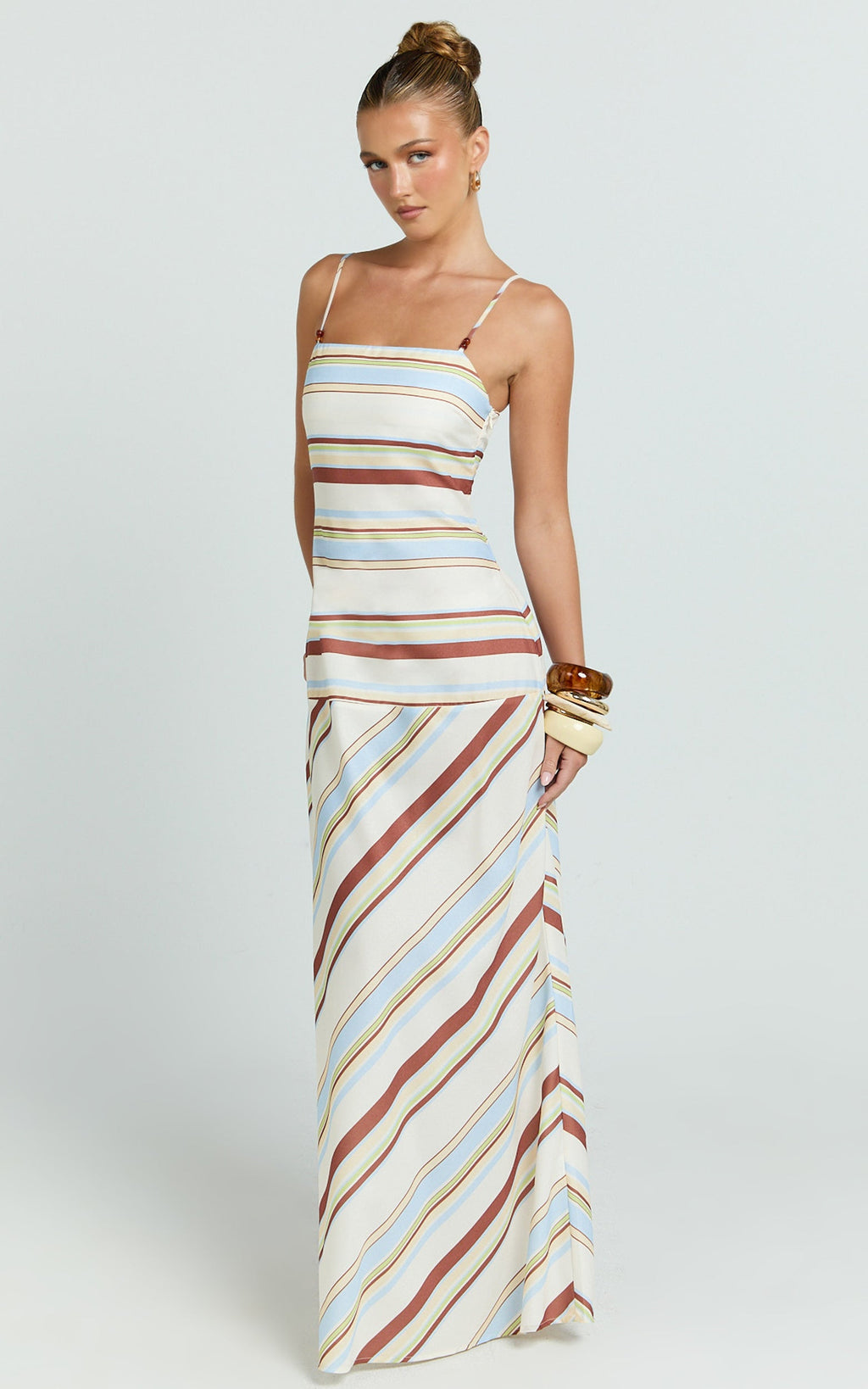 Yurika Maxi Elbise - Kare Yaka Çizgili Slip Elbise - Çikolata Retro Çizgili