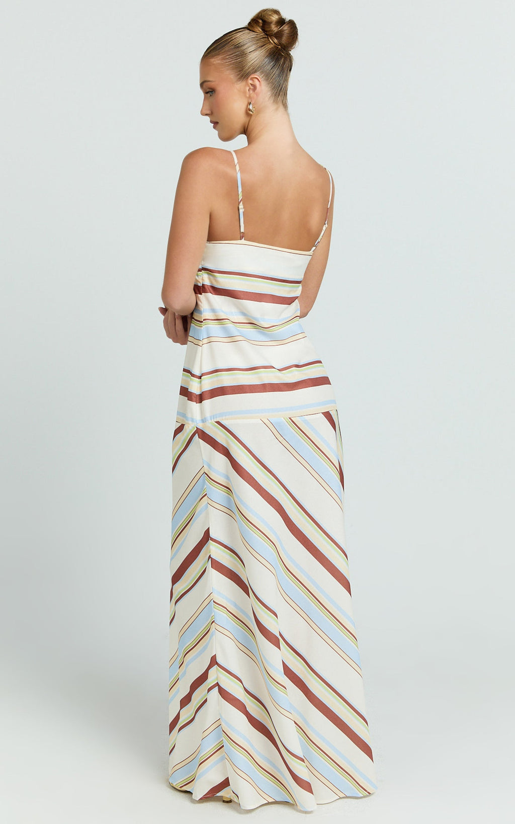 Yurika Maxi Elbise - Kare Yaka Çizgili Slip Elbise - Çikolata Retro Çizgili