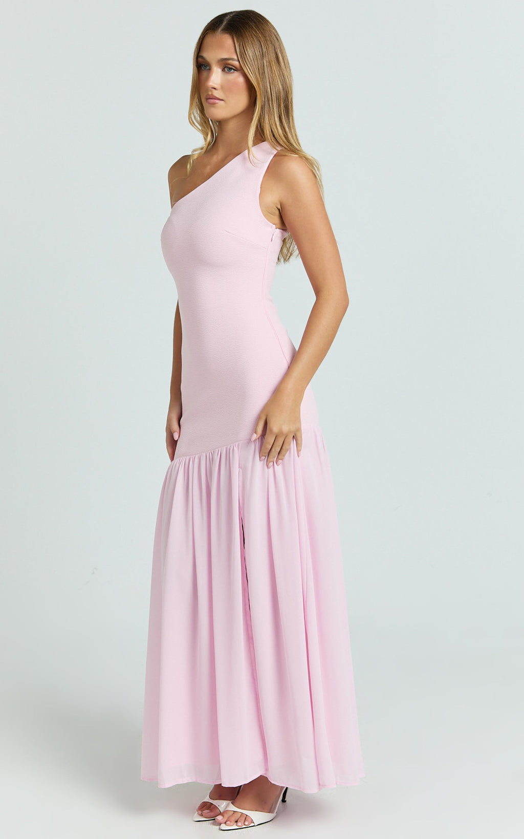 Zia Maxi Elbise - Pembe Tek Omuz Transparan Etekli Elbise