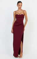Zinnia Maxi Elbise - Bordo Büzgülü Büstlü Yan Yırtmaçlı Elbise