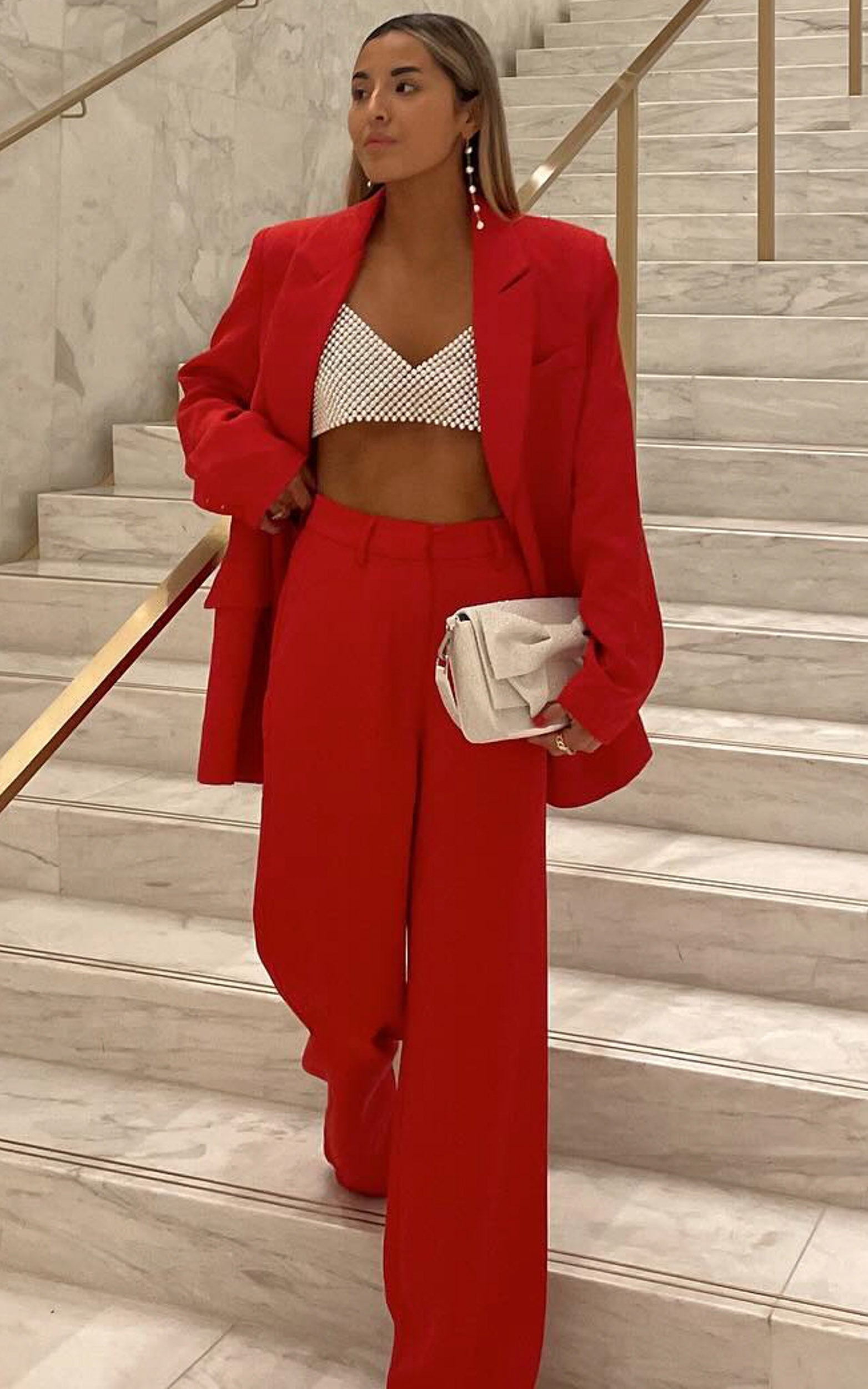 Michelle Blazer Ceket - Kırmızı Oversize Derin Yaka Düğmeli Blazer