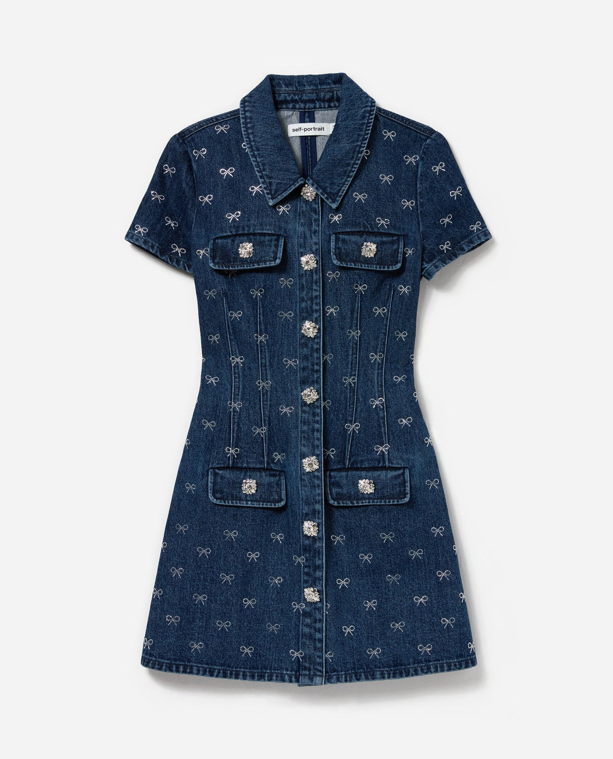 Denim Pırlanta Fiyonk Yaka Mini Elbise