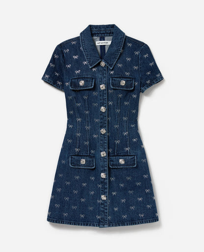 Denim Pırlanta Fiyonk Yaka Mini Elbise