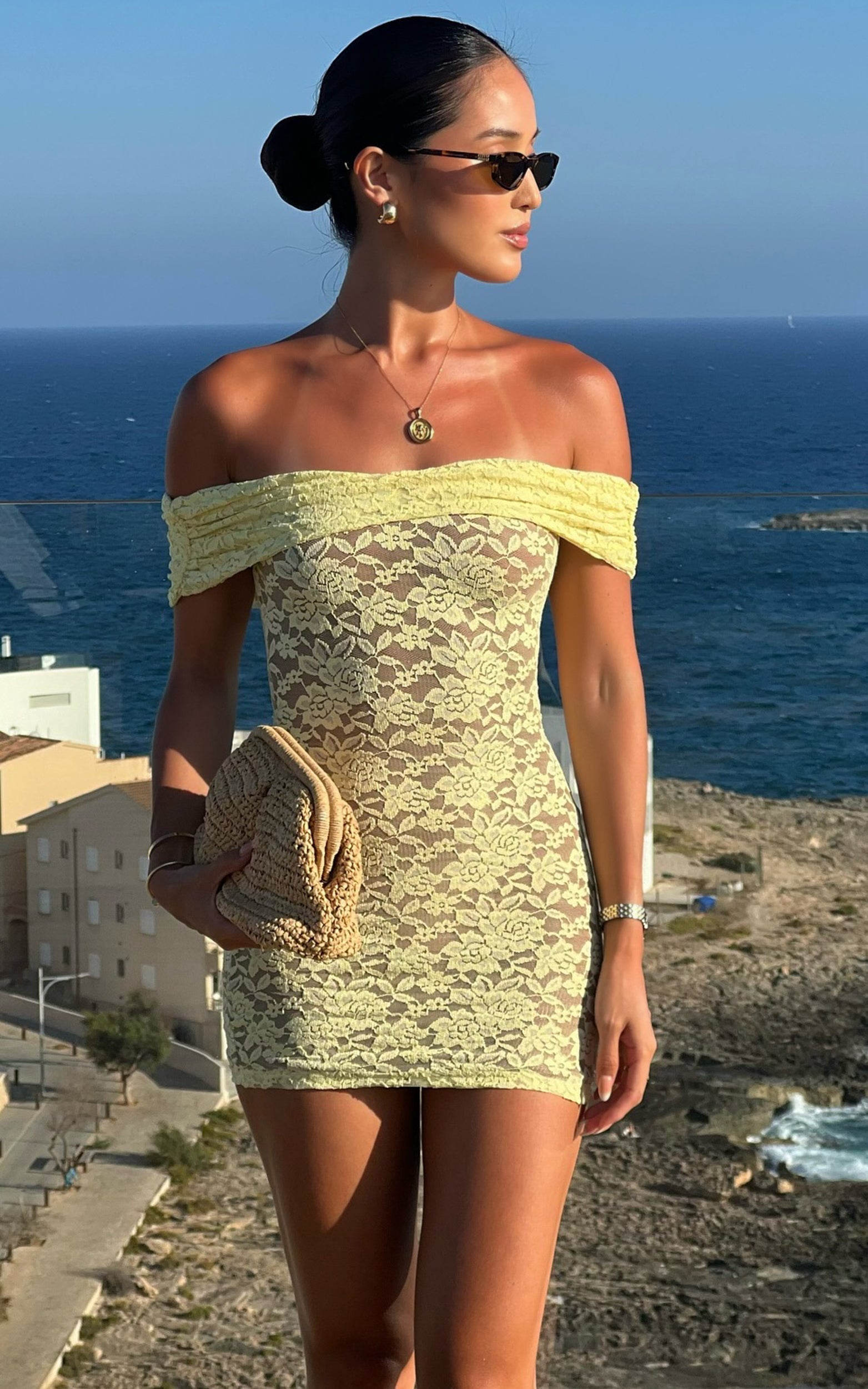 Nalani Mini Elbise - Limon Sarısı Dantel Omuzları Açık Bodycon Elbise